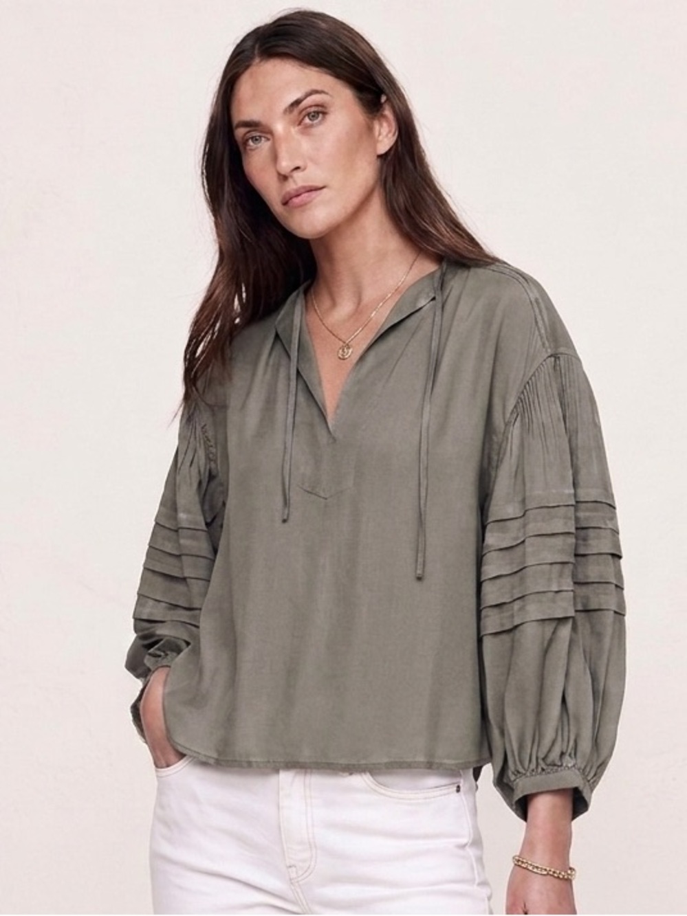 GOOP Blouse $375 • 24” PTP• Grey Vivienne V-Neck Pintuck Puffed Sleeve